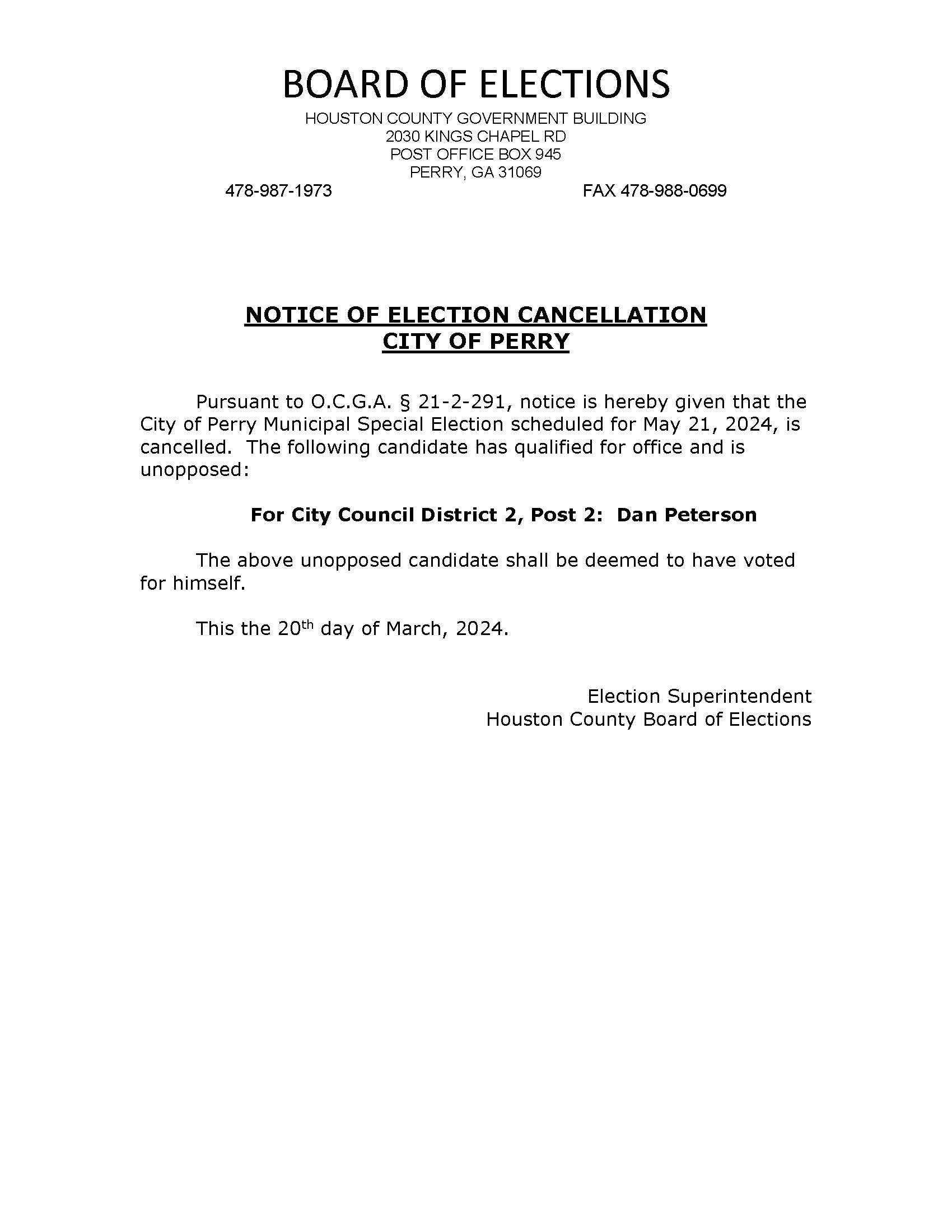 Photo for Notice of Election Cancellation